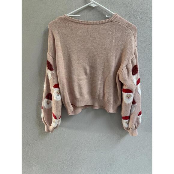 Santa sweater sz M bubble sleeves ugly Christmas holiday Pink Cozy Winter - Picture 5 of 8